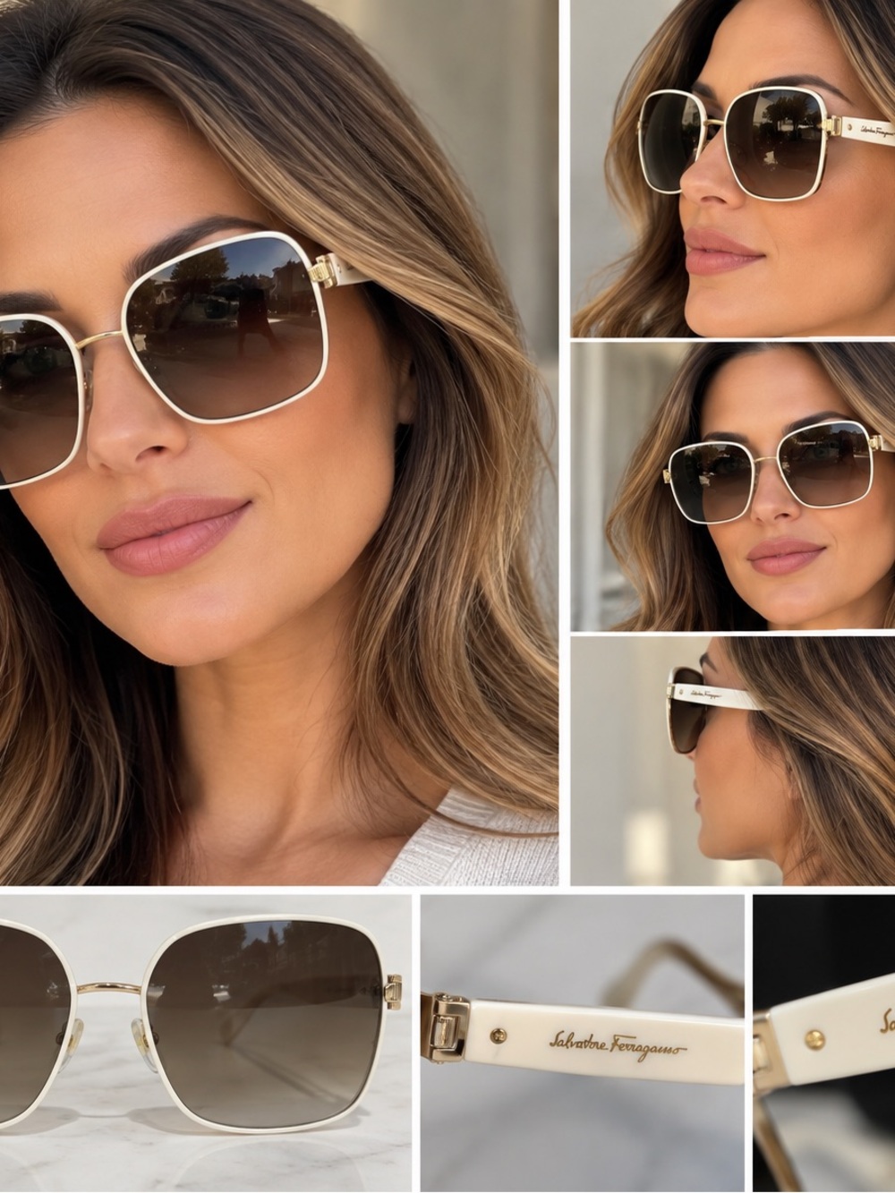 Salvatore Ferragamo White and Gold Gradient Brown Lens Oversized Sunglasses
